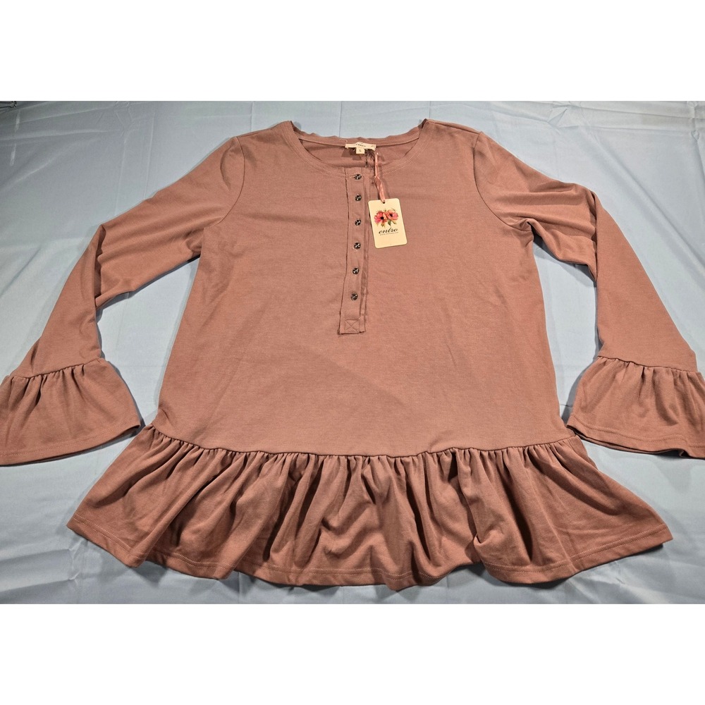 Entro Mauve Pink Ruffle Hem Henley Top Long Bell Sleeve Size Large NWT